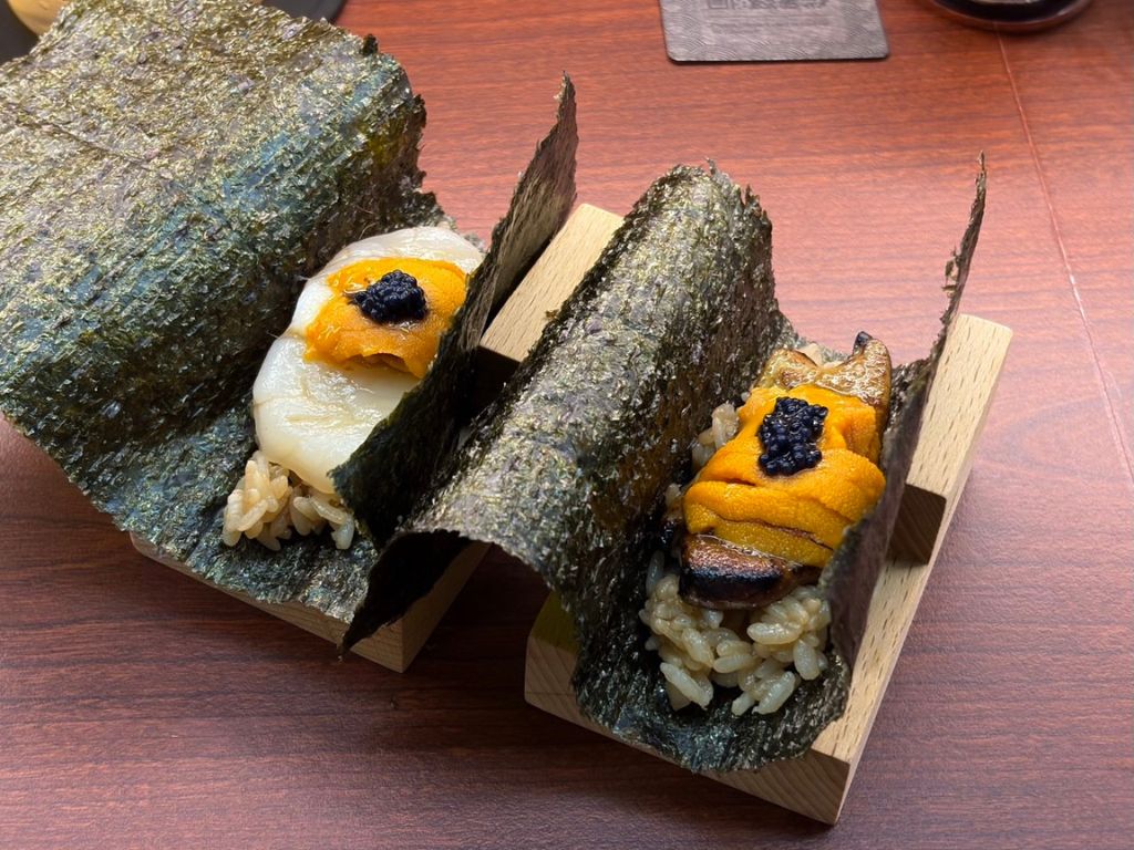 From left: Hotate uni handroll, foie gras uni handroll. Photo: Shannon Ong/HungryGoWhere sushi zushi bugis