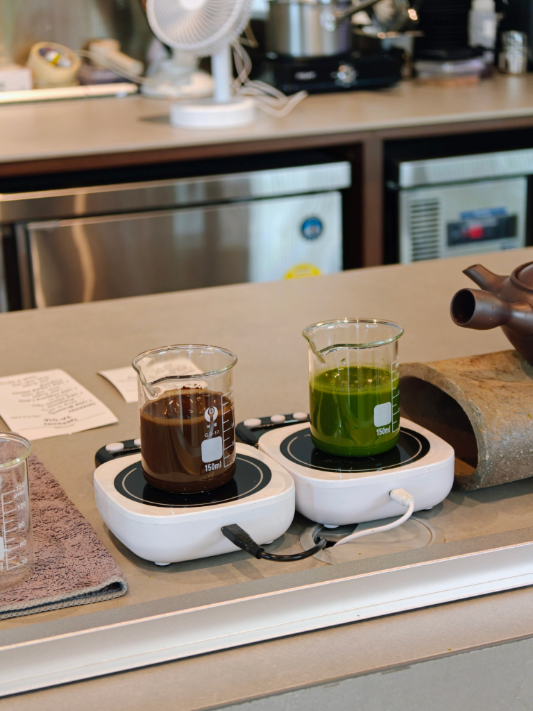 The ube and matcha drinks are stirred evenly using these auto-stir bases. Photo: Zawani Abdul Ghani/HungryGoWhere Halo Ube & Matcha 100AM