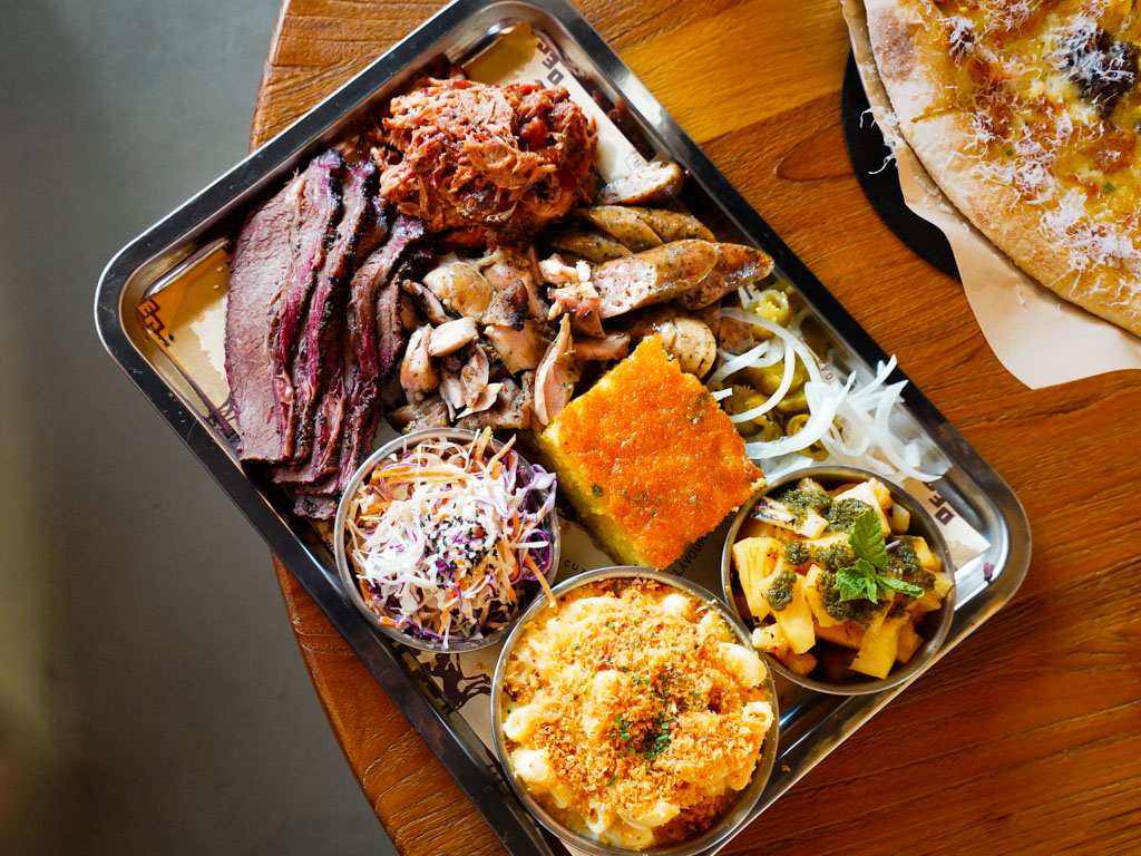 A platter for three diners with four meats and four sides. Photo: Evan Mua/HungryGoWhere decker barbecue bukit timah fire station