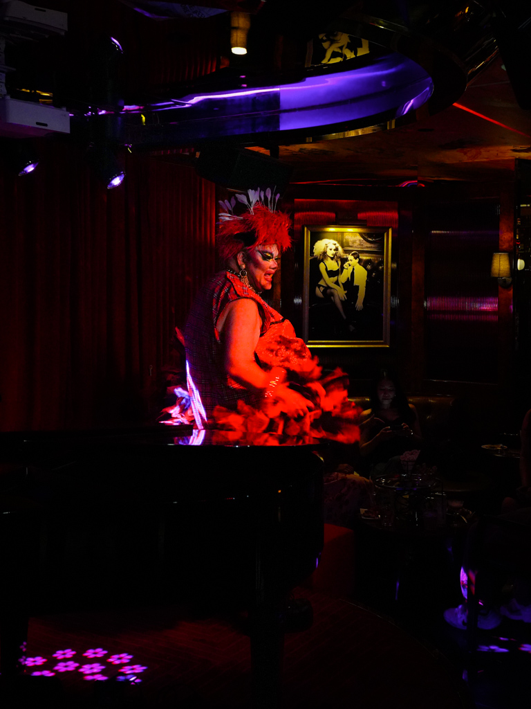 Old-school Shanghai vibes? Drag queen Becca D’Bus lip-syncs to retro earworm “Wo Yao Ni De Ai”. Photo: Evan Mua/HungryGoWhere Lulu's Lounge Singapore
