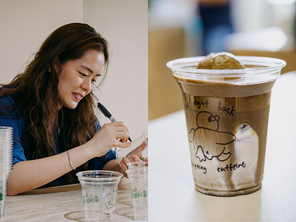 Shermaine, Jonathan’s sister, draws the doodles on each cup. Photo: Ravin Thiruchelvam/HungryGoWhere cafe smiggie