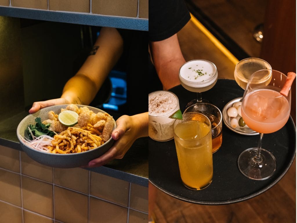 From left: Club Rangoon’s take on the popular warm Burmese noodle salad and its slate of five new drinks in its newest cocktail menu. Photos: Club Rangoon new menus september 2026