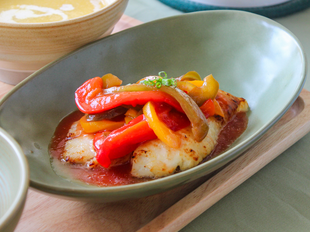 Baked halibut with capsicum escabeche. Photo: Angeline Ang/HungryGoWhere shared table bishan ang mo kio park