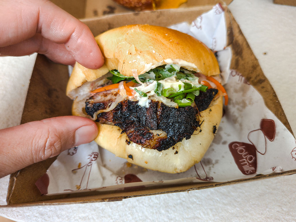 Charcoal-grilled pork belly, banh mi pickles, and pate stuffed into a shio pan. Photo: Gary Lim/HungryGoWhere cloudmills bakery claymore