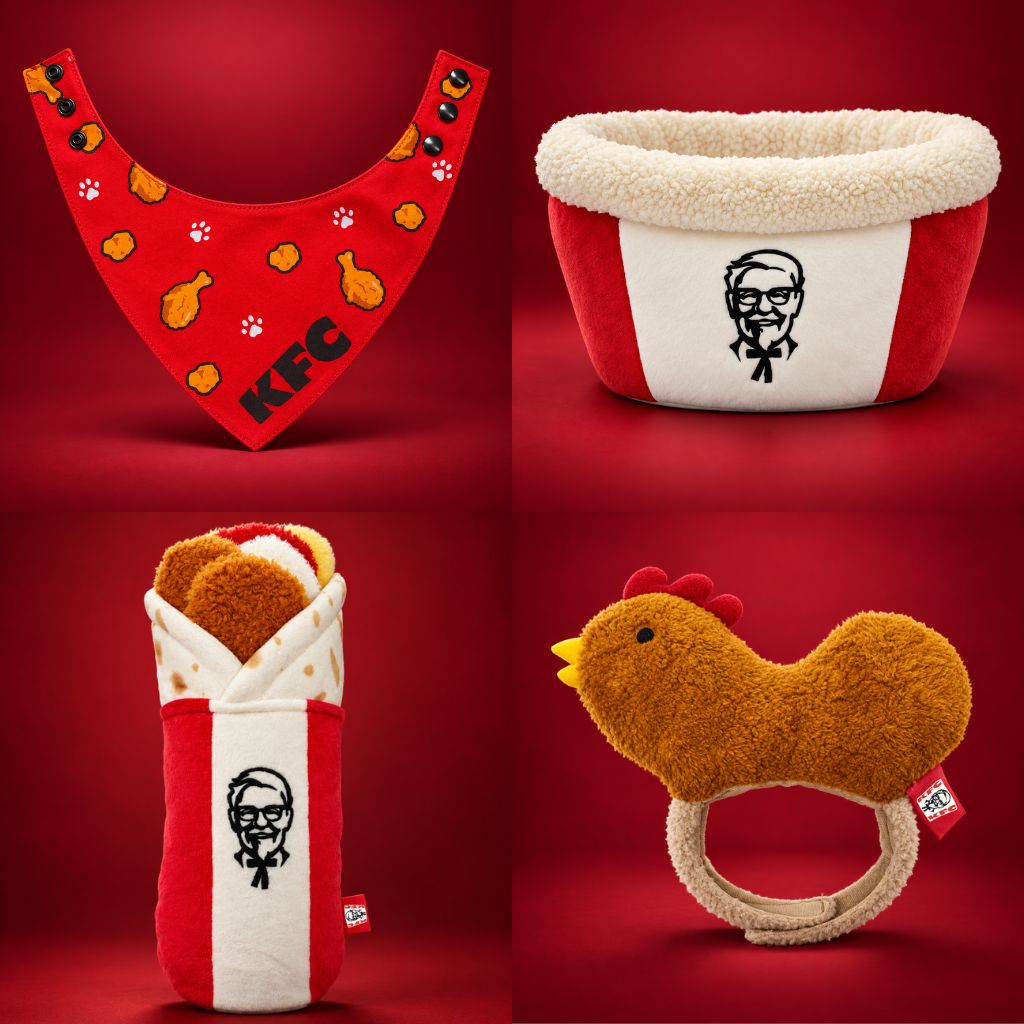 Clockwise from the left: KFC pet collared bib, KFC bucket bed, Breakfast Twister plushie, and KFC chicken headgear. Photos: KFC Singapore KFC Singapore pet merchandise