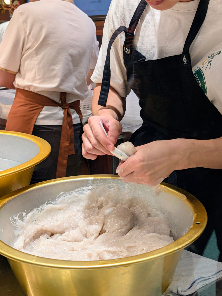 Now you can watch fresh fishballs made by hand at LiXin Teochew Fishball Noodles’ stall. Photo: Zawani Abdul Ghani/HungryGoWhere food opera ion orchard
