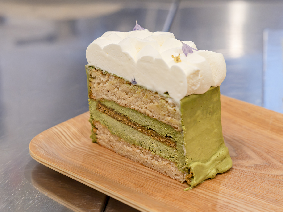 Cross-section of the matcha pistachio dacquoise. Photo: Koh Mui Fong/HungryGoWhere Cranki Patisserie